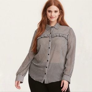 Torrid Sheer Checkered Ruffle Button Down